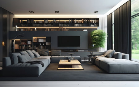 Interior of modern living room with gray sofa 3d Illustrationの写真素材