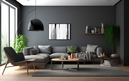 Interior of modern living room with grey walls, wooden floor and grey sofa 3d renderの写真素材