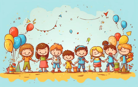 Happy children with balloons and confetti in the park. Vector illustration.の素材