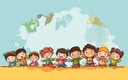 Group of happy children with world map background, vector illustration eps10の写真素材