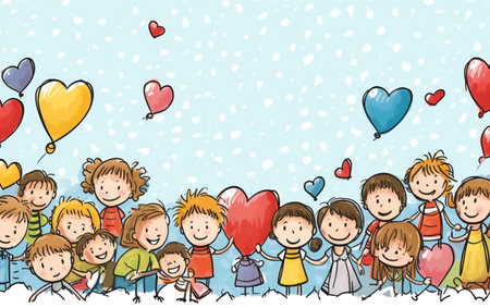 Illustration of Stickman Kids in Love with Hearts and Balloonsの素材