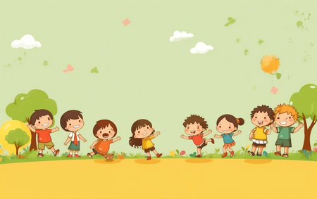Illustration of Stickman Kids Playing in the Park with Green Backgroundの写真素材