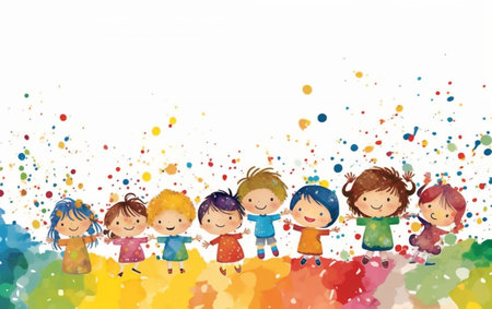 Happy kids with colorful watercolor splashes on white background. Vector illustration.の素材