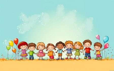 Illustration of a group of children holding balloons on a sunny dayの写真素材