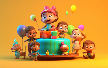 3D Render of a Group of Kids Playing with a Gift Boxの素材