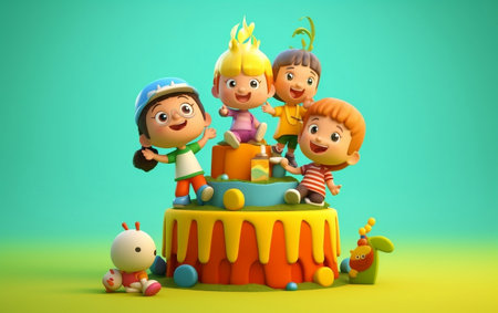 3D Render of Cartoon Characters with Birthday Cake and balloons, 3D Renderingの写真素材