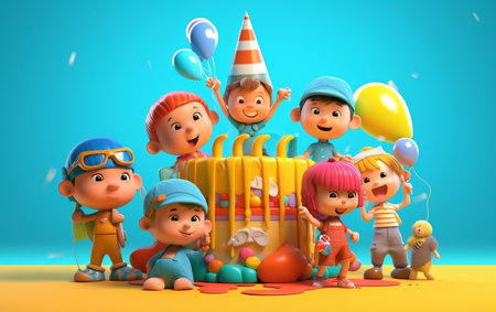 3D rendering of a group of kids with birthday cake and balloonsの素材