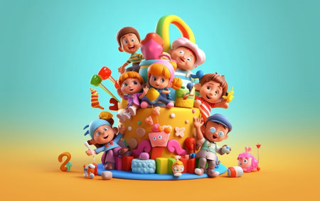 3d illustration of kids birthday party with cake and toys over green backgroundの素材