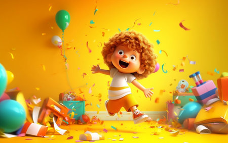 3d illustration of a happy clown jumping over confetti and giftsの写真素材