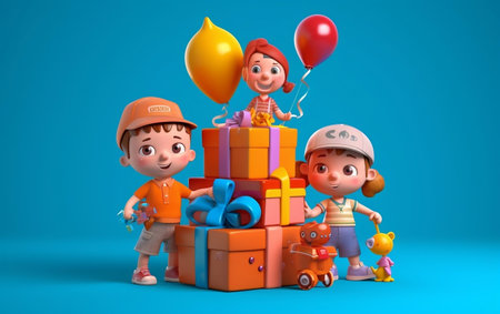 3d illustration of kids birthday party with cake, balloons and hat