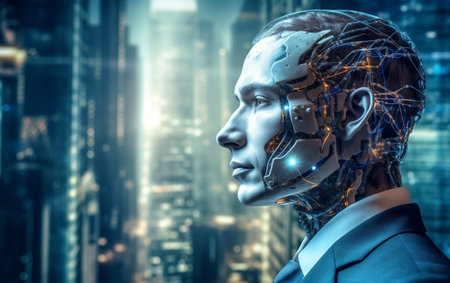Futuristic cyborg head in modern city. 3D renderingの素材