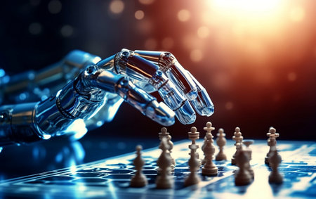 Close up of robot hand with chess pieces. 3D Renderingの写真素材