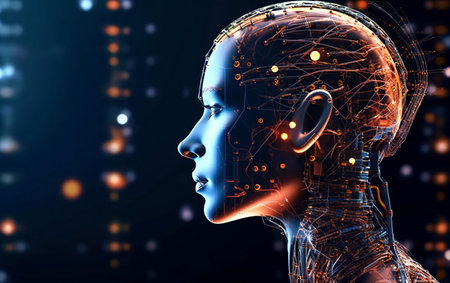 3d illustration of artificial intelligence concept with human head and circuit boardの素材
