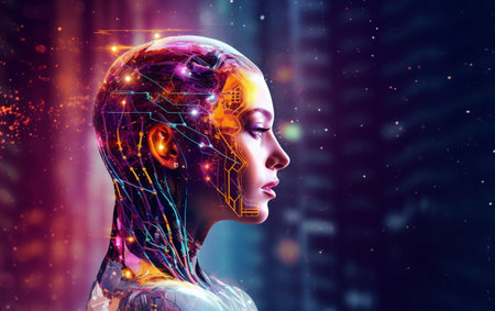 Cyborg woman with circuit head on abstract background. Artificial intelligence concept. 3D Renderingの素材