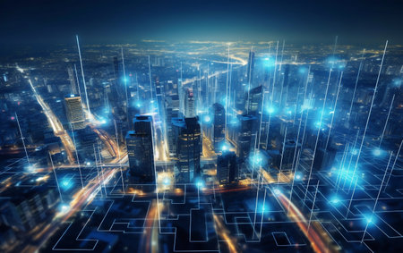 Modern cityscape and network connection concept. 3d rendering double exposureの写真素材