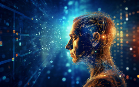 Intelligence and machine learning concept with 3d rendering human head made of wireframeの写真素材