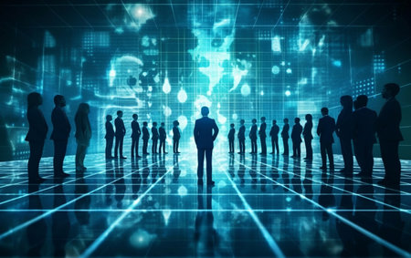 Silhouettes of business people against blue background with binary code. 3d renderingの素材