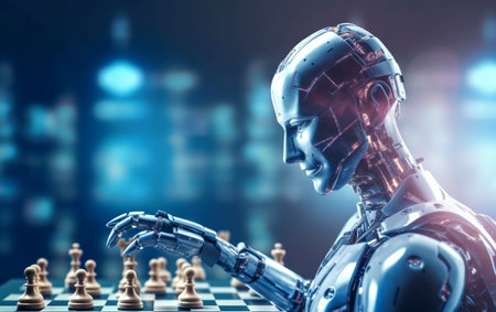 Cyborg humanoid and chess board game on dark background 3D renderingの写真素材