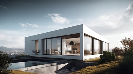 Exterior of modern villa with swimming pool and terrace. Mixed mediaの写真素材