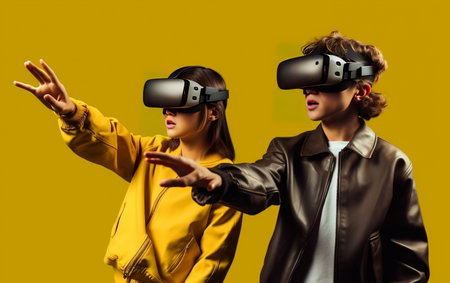 Couple wearing Virtual Reality VR glasses and pointing their handsの写真素材