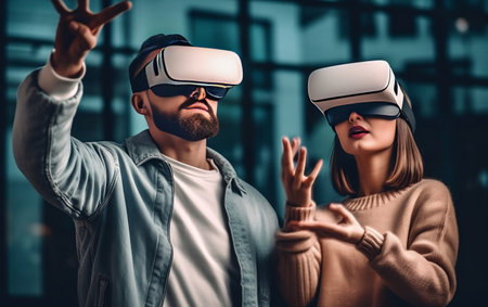 Couple wearing Virtual Reality VR glasses and pointing their handsの写真素材