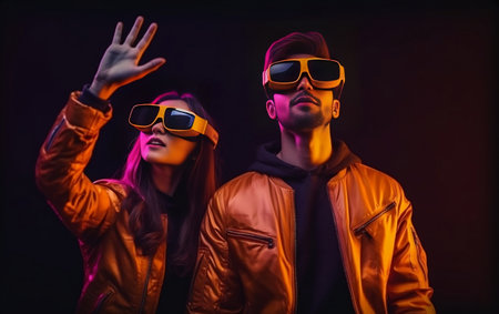 Couple wearing Virtual Reality VR glasses and pointing their handsの写真素材