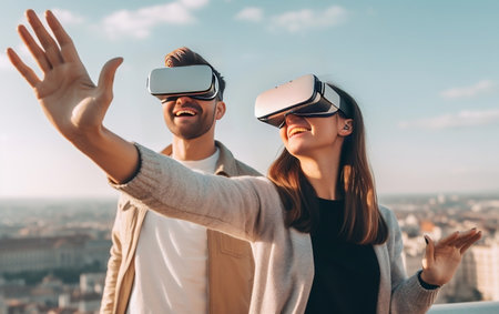 Couple wearing Virtual Reality VR glasses and pointing their handsの写真素材