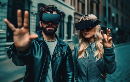Couple wearing Virtual Reality VR glasses and pointing their handsの写真素材
