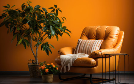 Comfortable armchair and plant on orange wall background. Interior designの素材