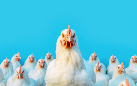 Group of white chicken on blue background with copy space for your textの素材