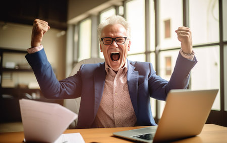 Portrait of a happy senior businessman celebrating success while using a laptop computer at officeの素材