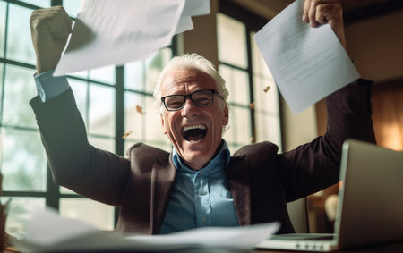 Surprised senior man throwing documents in the air while working in officeの素材