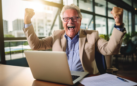 Portrait of excited senior businessman celebrating success while using laptop in officeの素材