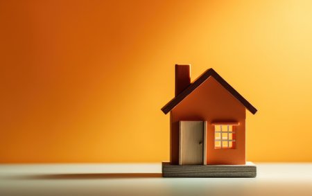 House model on orange background. Real estate and property business concept.の素材