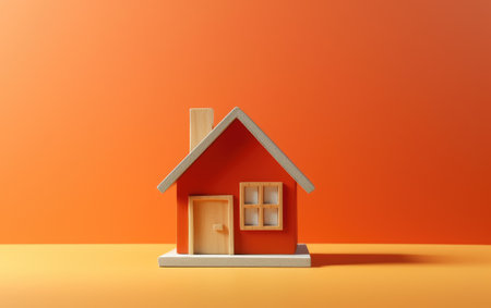 House model on orange background. 3D illustration. Copy space.の素材
