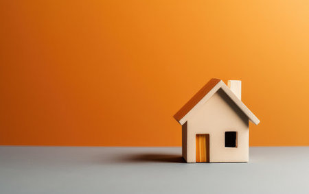 House model on orange background. Real estate and property business concept.の素材