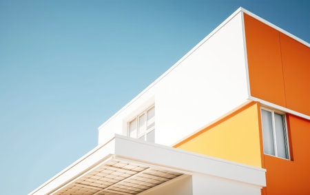 Architecture details of modern apartment building. Orange and white colorの素材