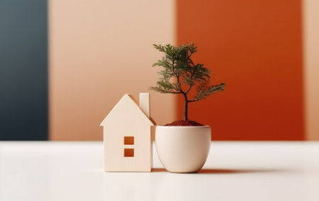 Miniature wooden house and tree in pot on white table with orange wall backgroundの素材