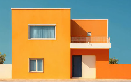 Exterior of modern house with orange wall and blue window. Architectural backgroundの素材
