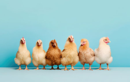 Group of chickens on a blue background. Chickens in a rowの素材