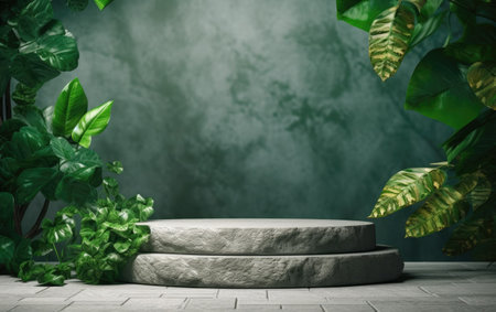 3d render of concrete podium for product display with green leaves backgroundの素材