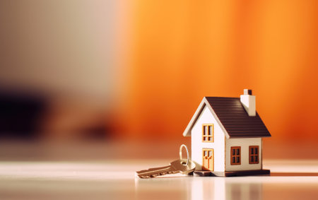 Real estate concept. House model and key on orange background. Vintage tone.の素材