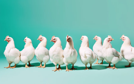 group of white chickens standing on turquoise background with copy spaceの素材