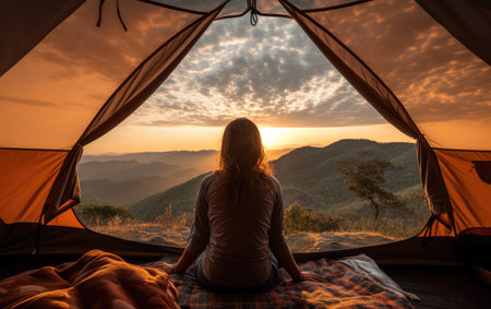 Young woman sitting in the tent on the mountain and watching the sunsetの素材