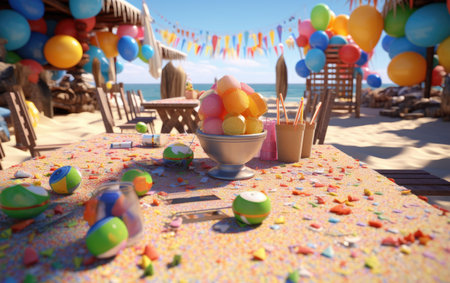 Table with a lot of colorful balloons on the beach. 3d renderingの素材