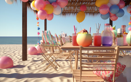Colorful balloons and cocktails on the beach. Vacation concept.の素材