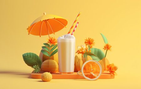 Orange smoothie on orange background. 3d render. Summer concept.の素材
