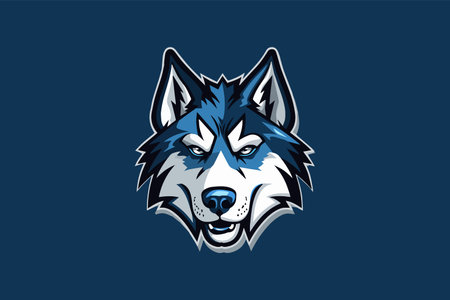 Illustration of a wolf head mascot isolated on a blue background.のイラスト素材