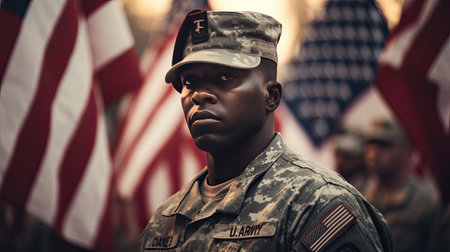 Man in Uniform Standing Next to American Flagの素材