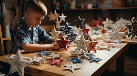 Young Boy Sitting at Table Surrounded by Starsの素材